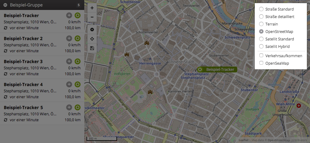 GPS-Ortung mit OpenStreetMap (im Hintergrund) und Auswahl des Kartenmaterials (hervorgehoben)