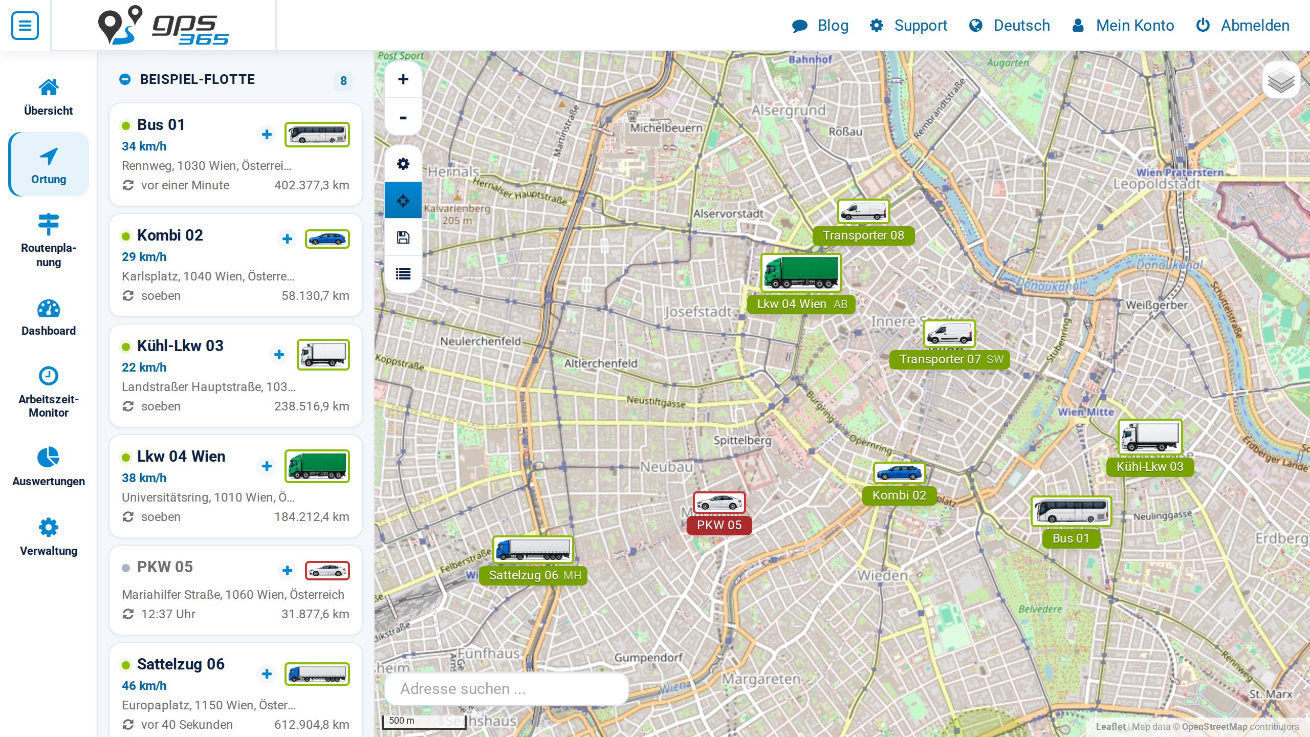 Die Live-Ortung im neuen Look: Fahrzeuge als Karten mit farbigem Statuspunkt